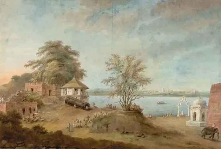 Сита Рам "Великая пушка Агры Под Шах-Бурджем" (1815); на заднем плане, за рекой, виден Тадж-Махал (Кредит: Британская библиотека)