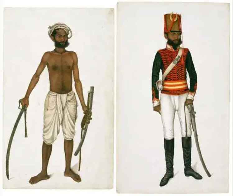 Слева: Кала после убийства тигра; Справа: Кала в мундире кавалериста Лошади Скиннера (1815-1816), художник из круга Али-хана (источник: коллекция Дэвида, Копенгаген)