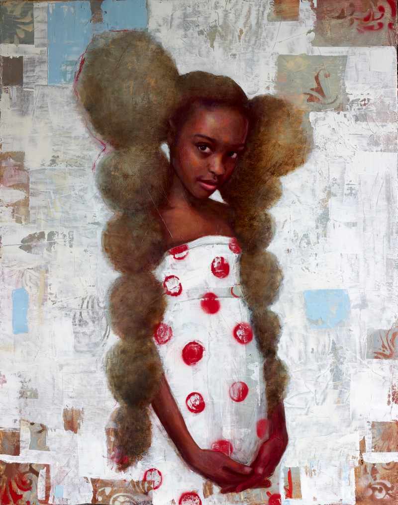 Young Girl in Polka Dots. oil and spray paint on panel, 85 x 70 cm, 2021