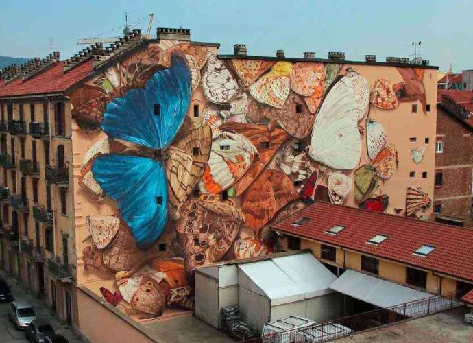 Бабочки в технике trompe l'oeil на стенах домов. Mantra (стрит арт)