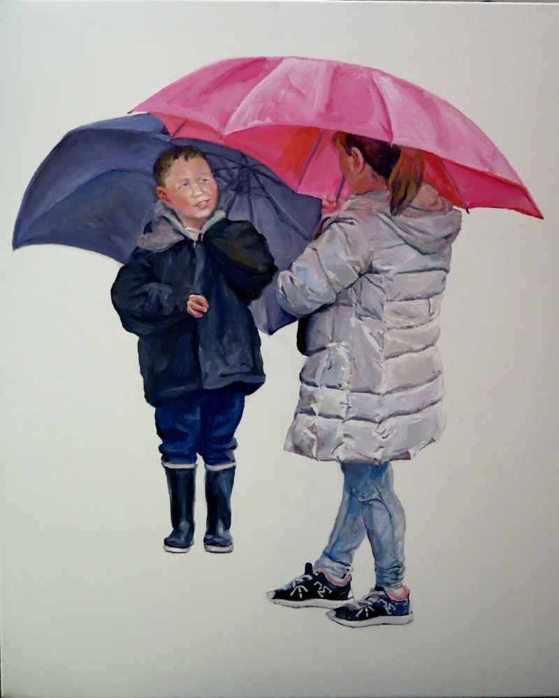 Dos niños bajo sus paraguas, 2019. Jesús Manuel Moreno
