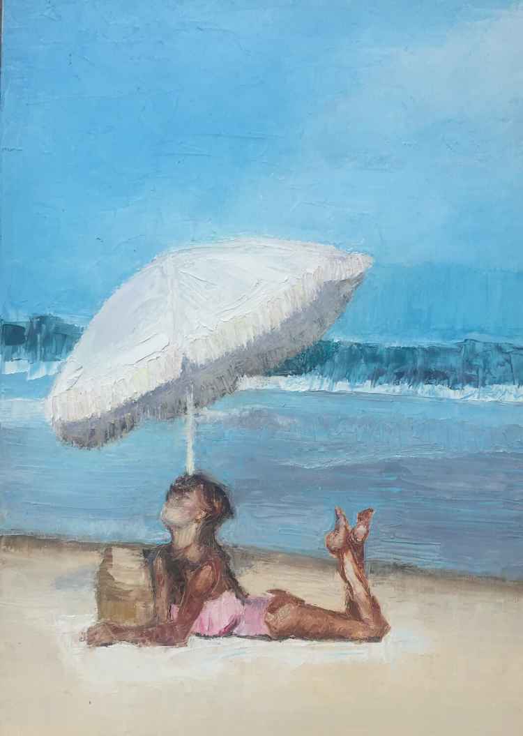 Girl on the beach and a white umbrella